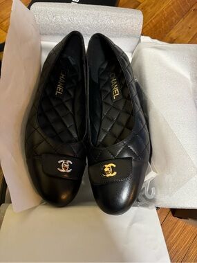 Black Quilted Leather  Logo Ballet Flats with Gold Hardware